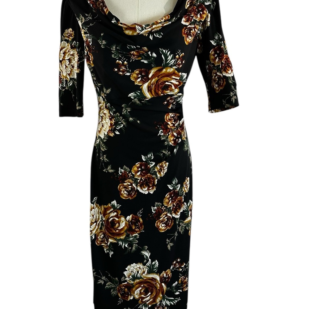 Connected Apparel Black and Brown floral midi dress classic feminine Sz 6